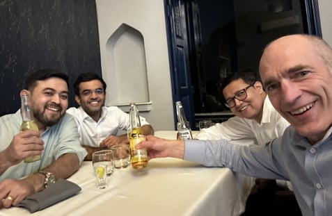 Alex, Jai, Bimal and Mahavir in restaurant